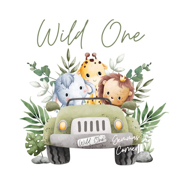 Baby Safari Animals Kids Car PNG, Watercolor Baby Animals, Wild One PNG, Birthday Card image, Instant Digital Download, First Birthday PNG