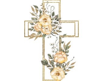 Floral Gold Holy Cross Sublimation Design , Digital Download, First Holy Communion PNG, Holy Cross PNG, Confirmation PNG