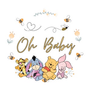 Może przedstawiać: Kartka na baby shower w stylu Kubusia Puchatka z tekstem "Oh Baby" i ilustracjami Kubusia Puchatka, Prosiaczka, Tygrysa i Kłapouchego. Kartka jest ozdobiona pszczołami, kwiatami i sercami.