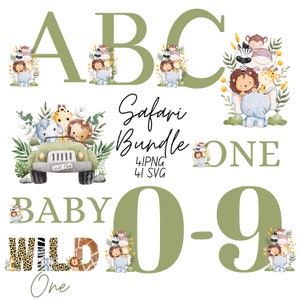 Baby Safari Animals PNG Bundle, Akwarelowe Małe Zwierzęta, Wild One PNG, Obrazek Urodzinowej Karty, Natychmiastowe Pobieranie Cyfrowe, Alfabet Boho
