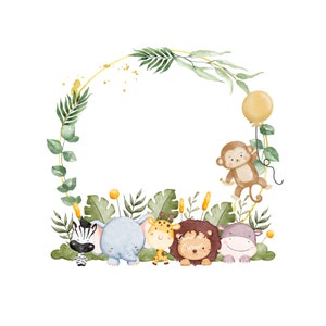 Fronteira de selva safari, animais bebês em aquarela, selvagem, design de sublimação de aniversário, selva, safari, download digital, arte de parede
