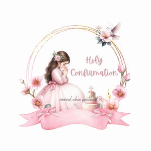 Diseño de sublimación de pancarta rosa para confirmación, descarga digital de confirmación, primera confirmación sagrada PNG, diseño de bordado de confirmación