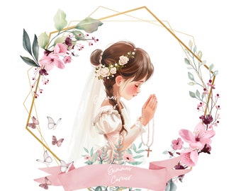 May include: A watercolor illustration of a young girl in a white dress and veil, with a floral crown and a rosary, praying with her hands clasped. The image is framed with a gold geometric shape and surrounded by pink and green flowers.