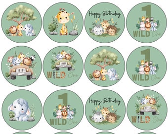 May include: Twelve green and brown circular stickers with a jungle animal theme. The stickers feature a variety of animals, including a monkey, giraffe, lion, elephant, and zebra. The stickers also include the text "Happy Birthday" and "Wild One".