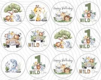 May include: A collection of circular designs featuring safari animals. Some circles say "Happy Birthday" and "WILD One". The illustrations include a monkey, giraffe, lion, elephant, and other animals in a safari theme.