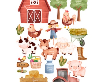 May include: A watercolor illustration of a farm scene with a red barn, a scarecrow, a cow, a pig, a horse, a rooster, a sheep, a milk jug, a basket of vegetables, a tractor, and hay bales. The illustration is perfect for a farm-themed party or craft project.