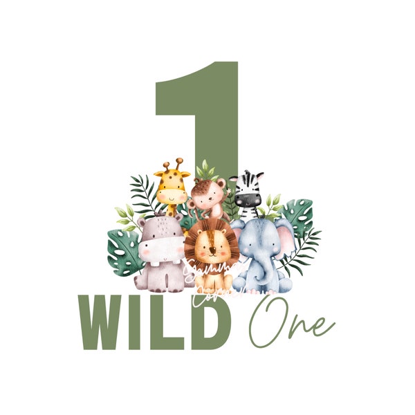 Baby Safari Animals Kids Car PNG, Watercolor Baby Animals, Sage Green Wild One PNG, Birthday Card image, Instant Digital Download, T Shirt