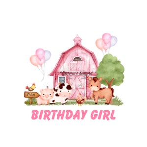 Anniversaire fille PNG, anniversaire fêtards roses, fête de la fille à la ferme, téléchargement numérique instantané, sublimation animaux de la ferme ferme 1er anniversaire