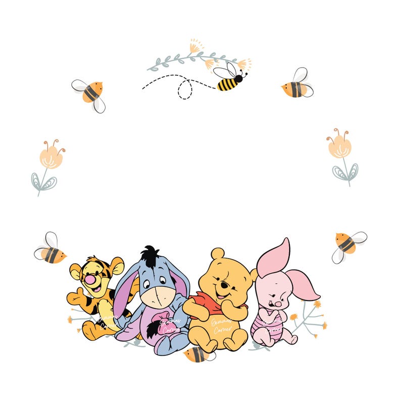 May include: A group of four cartoon characters, including Winnie the Pooh, Piglet, Tigger, and Eeyore, are surrounded by bees and flowers. The characters are all smiling and appear to be enjoying themselves.