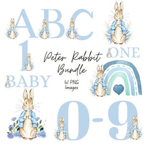 Pacote Peter Rabbit Idades 1-9 A-Z, Peter Rabbit PNG, Conjunto de Imagens Digitais, Chá de Bebê de Menino de Aniversário de Berçário, Clipart de Sublimação, Alfabeto