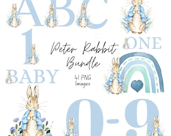 Peter Rabbit Bundle Ages 1-9 A-Z, Peter Rabbit PNG, Set Digital Images, Nursery Birthday Boy Baby Shower, Sublimation Clipart, Alphabet