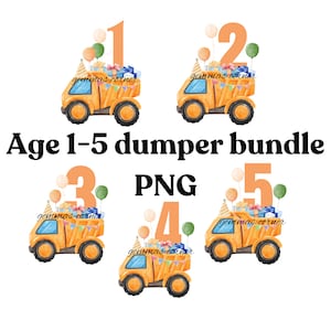 Graver leeftijd 1-5 PNG-bundel, 1e verjaardag graver sublimatie ontwerp, gele bouwtruck png, bouwfeestdecor, digitale download