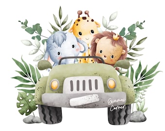 Baby Safari Animals Truck PNG, Watercolor Baby Animals,T Shirt Sublimation Design, Birthday Card image,Instant Digital Download, Cake Topper