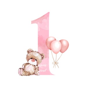 Teddy Bear Pink Balloons 1st Birthday PNG, First Birthday Sublimation Design, Pink One, Baby Girls First Birthday, Instant Digital Download