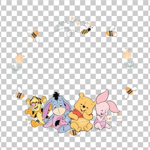 May include: A group of four cartoon characters, including Winnie the Pooh, Piglet, Tigger, and Eeyore, are sitting together. They are surrounded by yellow flowers and bees.