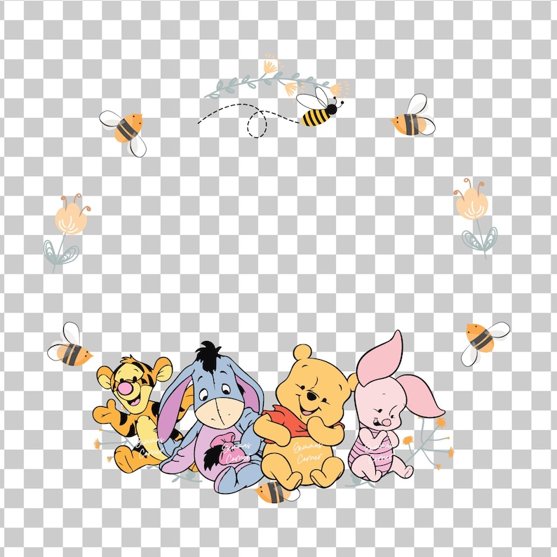May include: A group of four cartoon characters, including Winnie the Pooh, Piglet, Tigger, and Eeyore, are sitting together. They are surrounded by yellow flowers and bees.