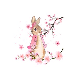 May include: A watercolor illustration of a brown rabbit wearing a pink jacket and a pink bow, standing in a pink cherry blossom tree.