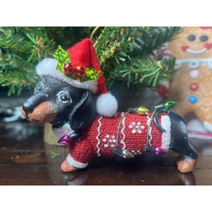 Decorative Craft Supply Material Dachshund Weiner Dog 3-1/2&quot; Christmas Tree Ornament Lights Sweater Santa Hat U17