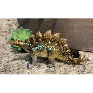 RL Gold Glitter Stegosaurus Glass Blown Christmas Ornament U16c