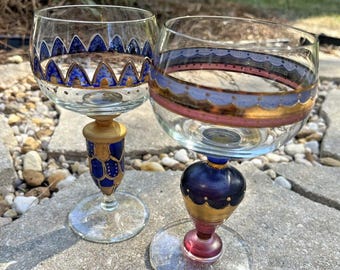 2x German Glass Wine Goblets Vintage Nagel 1980 Antique Enamel Glass U89