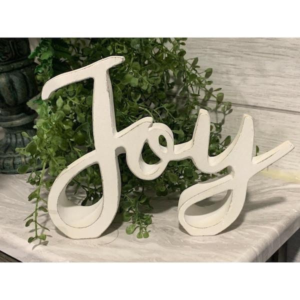 Joy Cutout Rustic Tabletop Resin Primitive Country Scripted Christmas Sign D4