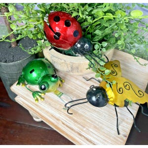 May include: A collection of metal garden ornaments featuring a red ladybug, a green frog, and a yellow and black insect. The ornaments are placed on a wooden surface with greenery and a small wooden planter.
