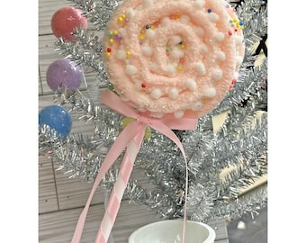 Pink Faux Lollipop Christmas Ornament With Glitter & Beads Candyland Style U22