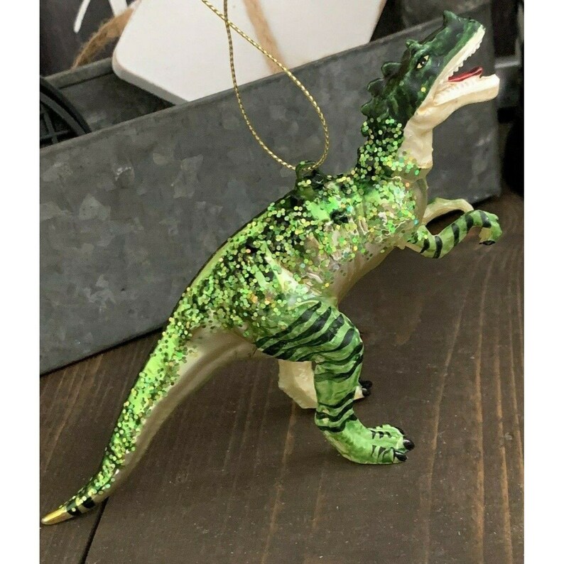 RL Dinosaur Green Glitter Trex Blown Glass Christmas Ornament U16e Etsy