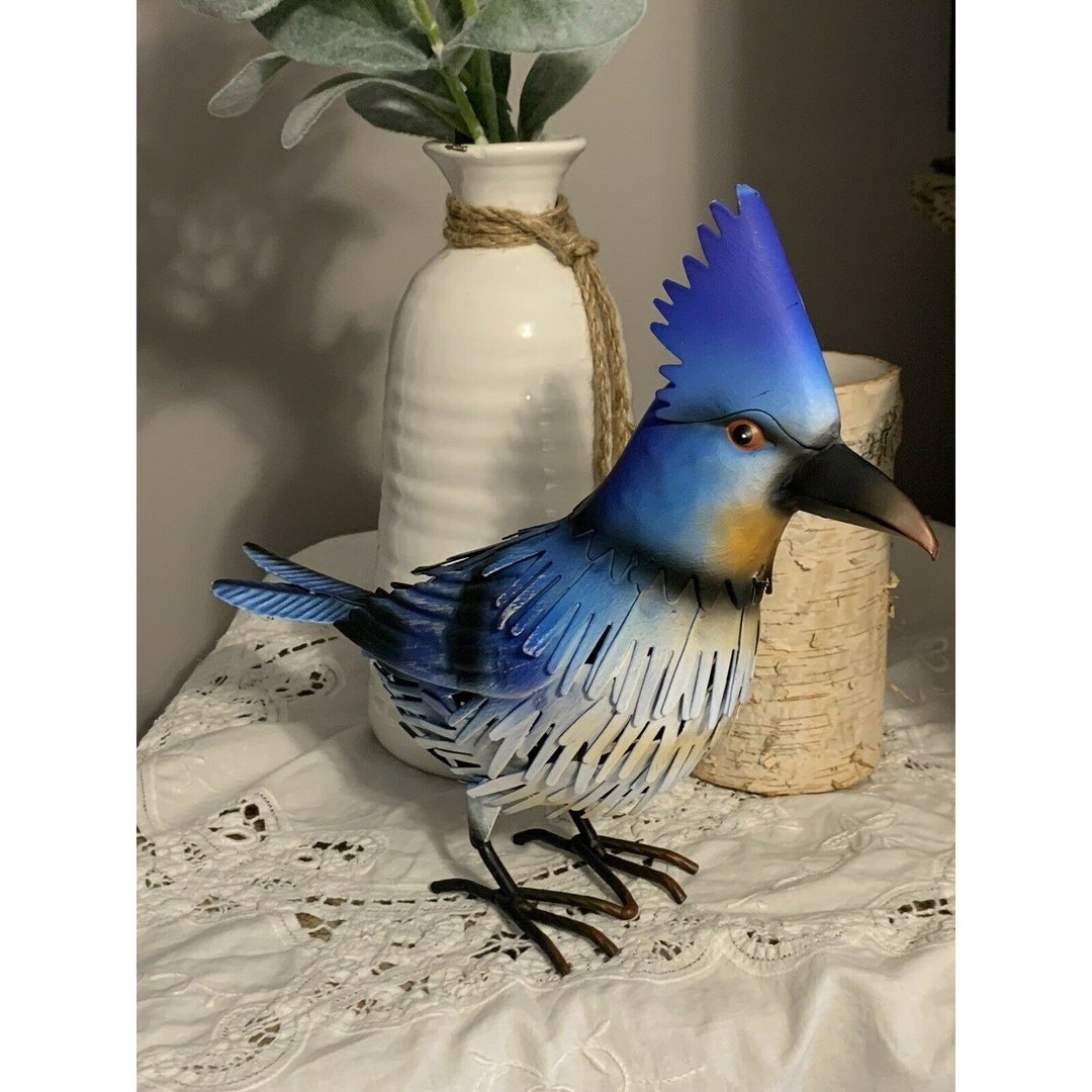 Blue Jay Yard Metal Sculpture Blue Bird WHIMSICAL Garden Statue 11.4 ...