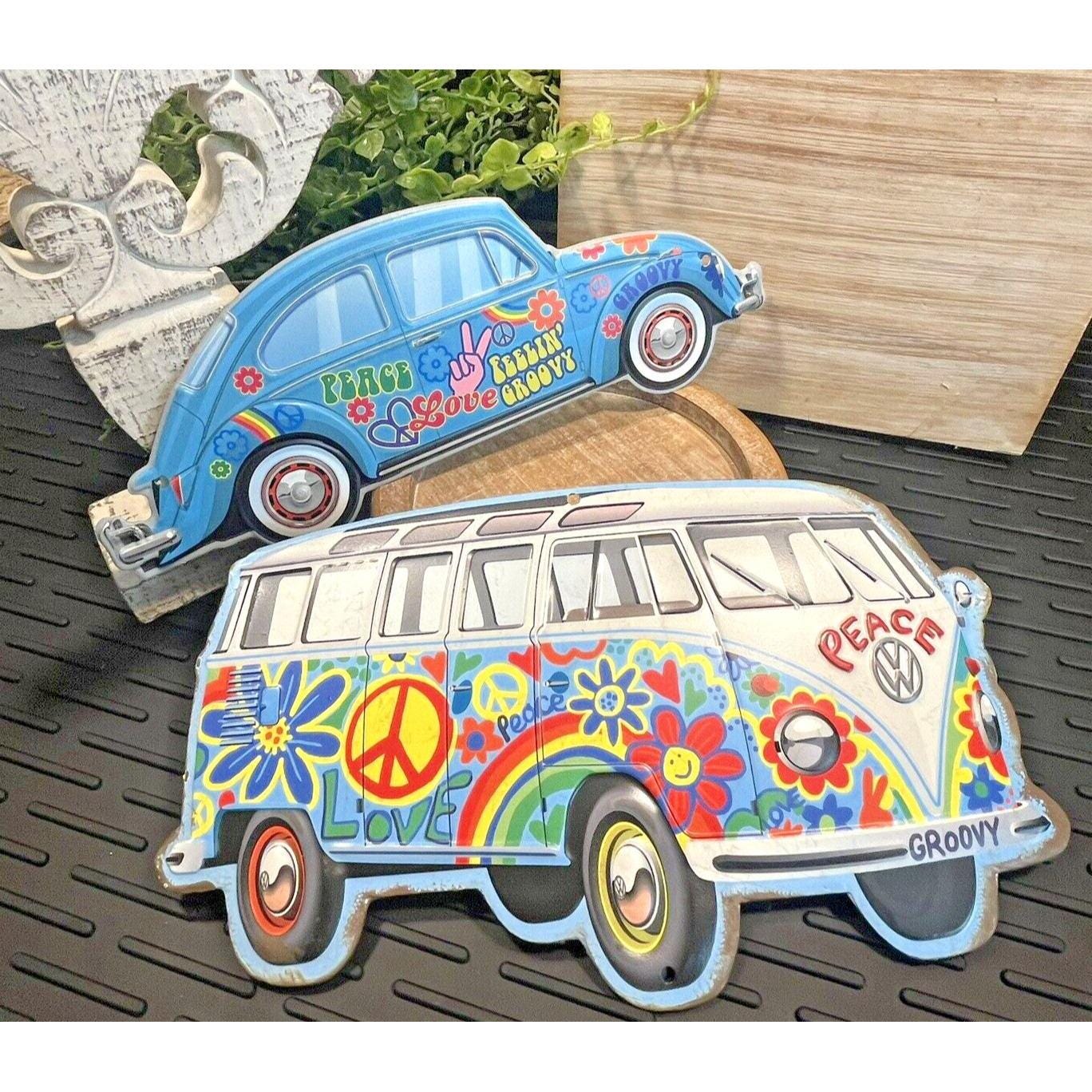 2x Volkswagen Hippie Van & Volkswagen Beetle Bug Peace Sign