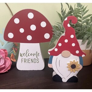 Red Polka Dot Mushroom with Polka Dot Gnome Figurine Country Primitive Decor U76