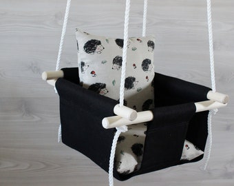 Swing for Baby with hedgehogs print pillow, black linen Swing for toddler birthday