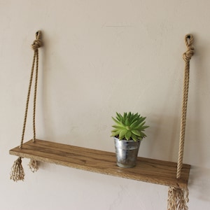 Oak wood shelf for adult or children room decor, solid wooden rack with jute rope