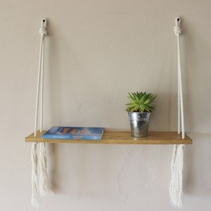 Solid wood shelf for adult or children room decor, oak wooden rack with cotton rope