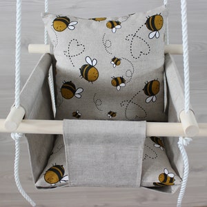 Baby linen Swing with pillow, natural linen Swing for toddler with bees, indoor outdoor swing for kids, First birthday gift for girl or boy