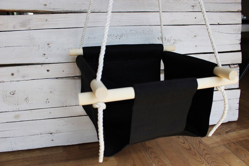 Black Swing for baby with linen Plus sign pillow Swing for toddler scandinavian style for kids First birthday gift for girl or boy