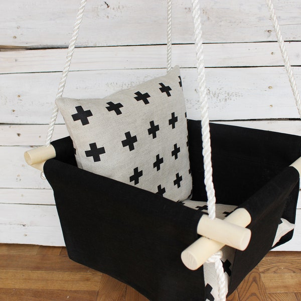 Black Swing for baby with linen Plus sign pillow Swing for toddler scandinavian style for kids First birthday gift for girl or boy