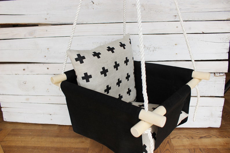 Black Swing for baby with linen Plus sign pillow Swing for toddler scandinavian style for kids First birthday gift for girl or boy