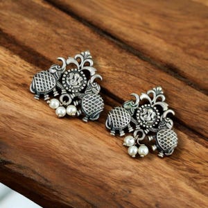 Oxidized Elephant Stud Earrings: Silver Tone Indian Jewelry