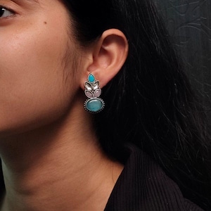 Oxidised Stud Earrings with Monalisa Stone | Traditional Silver Plated Jewelry | Unique Ethnic Design for Her | Pretty Little Small Studs