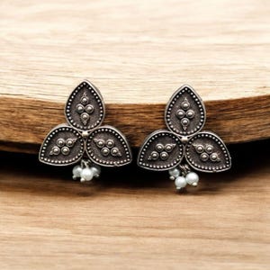 Oxidized Leaf Design Earrings – Pearl Embellished Silver Look Studs | Lightweight Ethnic Jewelry | Traditional Indian Earring Gift For Her
