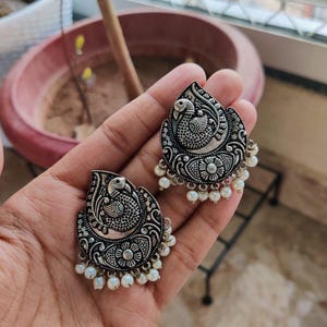 Oxidized Peacock Pearl Stud Earrings - Indian Traditional Fashion Jewelry - Everyday Ethnic Look | Statement Earring
