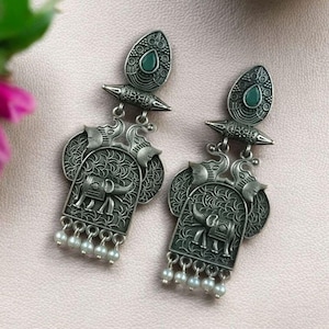 Oxidized Silver Elephant Dangler Earrings: Stone & Pearl Indian Jewelry