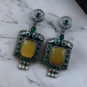 Oxidized Silver Elephant Dangler Earrings: Monalisa Stone Indian Jewelry