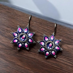 Hand-Painted Silver Replica Earrings – Antique Oxidized Hook Jewelry  |  Indian Ethnic Jewelry For Festive Wear | Lightweight Handmade Gift