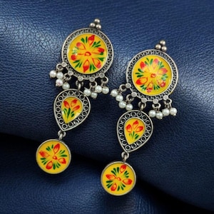 Hand-Painted Oxidized Earrings – Traditional Indian Art in Silver Replica | Lightweight Festive Jewelry for Women | Earring Gift For Her