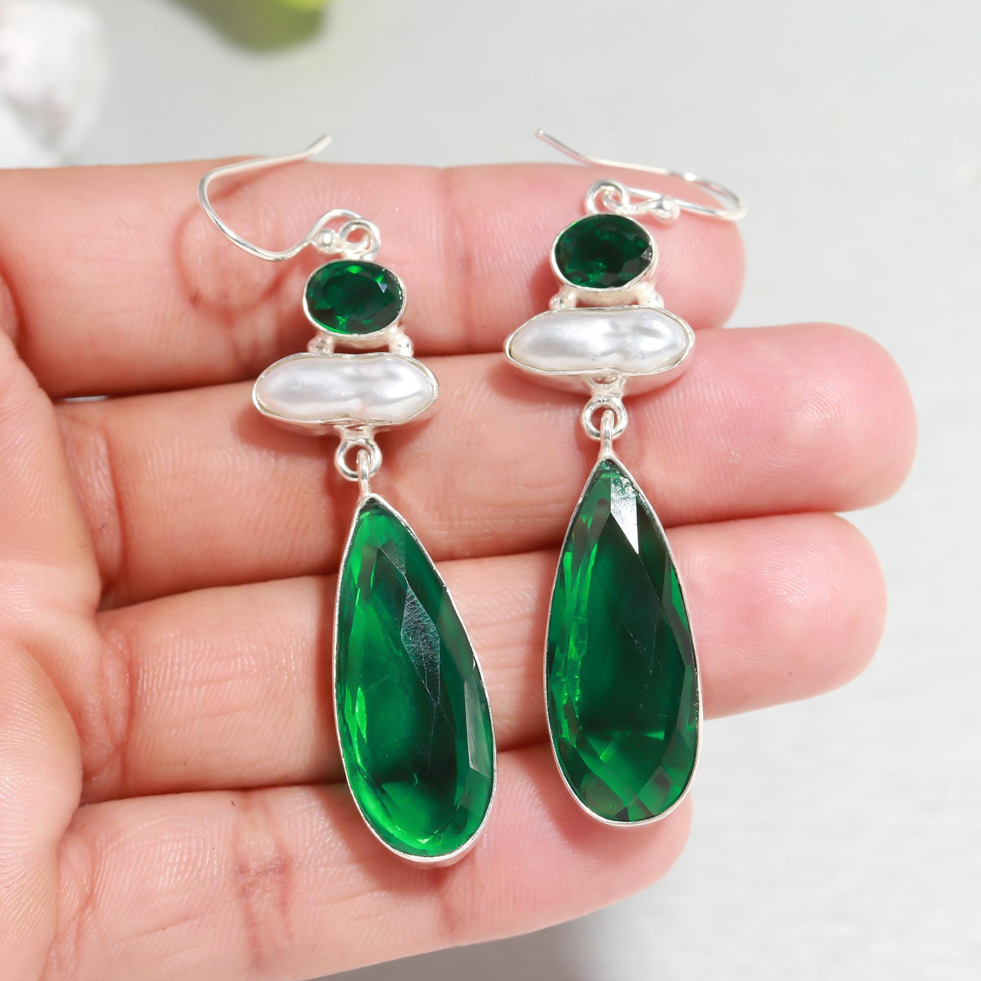 Boucles D'Oreilles En Argent Sterling 925 Avec Émeraude Naturelle - Pierres Précieuses Vertes - Fait Main Inde