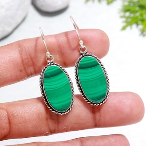 Handmade Oval Malachite Earrings: 925 Sterling Silver Dangle Earrings