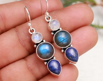 Pendientes de lapislázuli, labradorita y piedra lunar de plata de ley hechos a mano