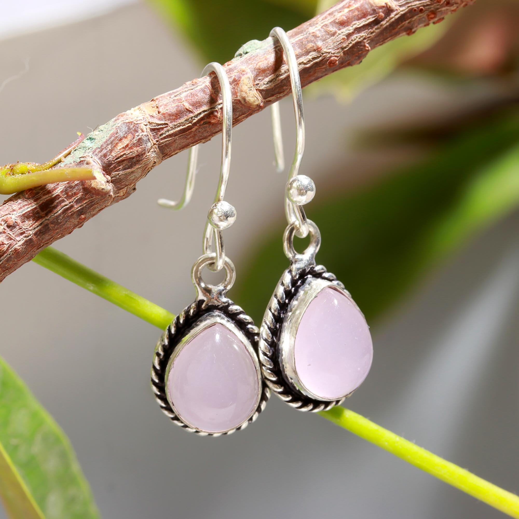 Orecchini in argento sterling 925 con quarzo rosa a forma di